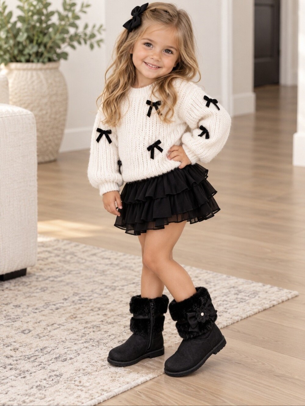 Rachel Shoes Harmoni Girls Black Faux Fur Bow Winter Boots, Size 9 Toddler